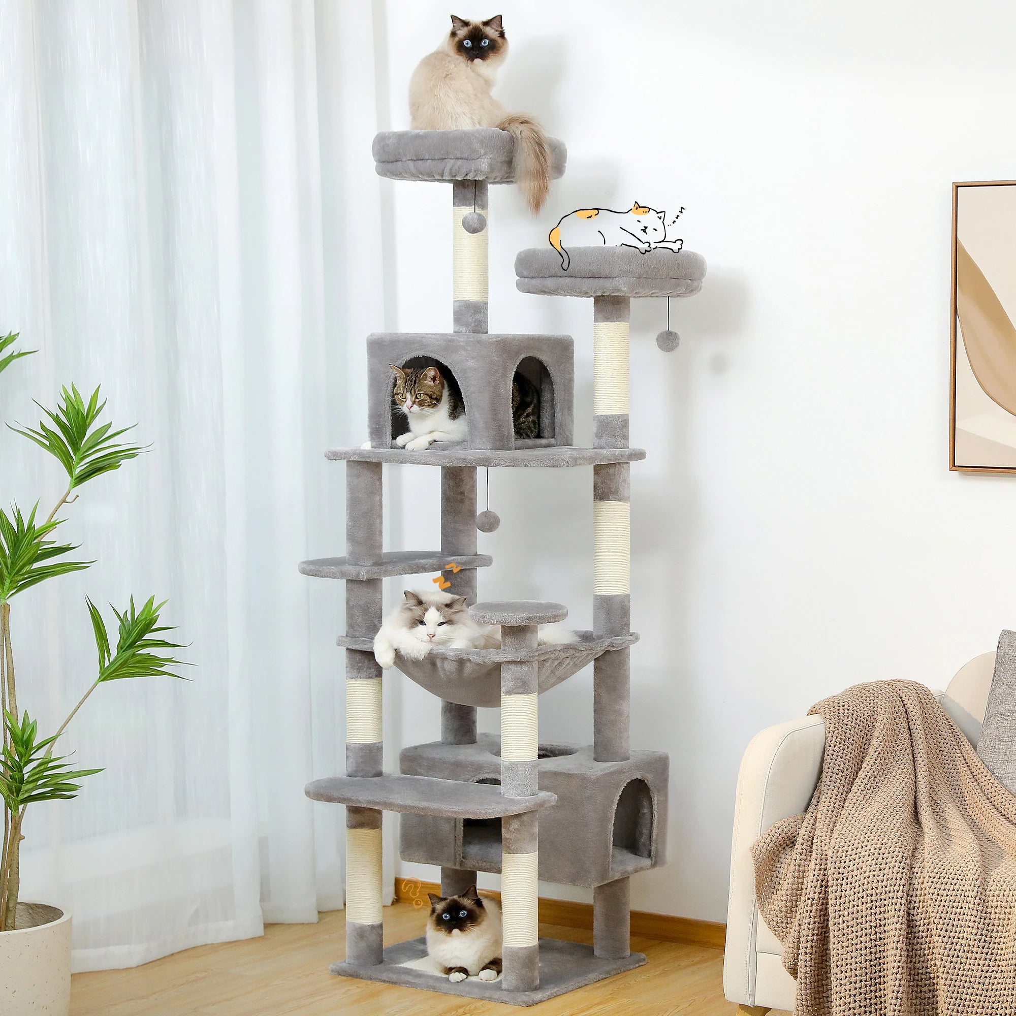 Grand arbre à chat XXL en peluche avec hamac, niches et griffoirs en sisal – Atlas 164 cm