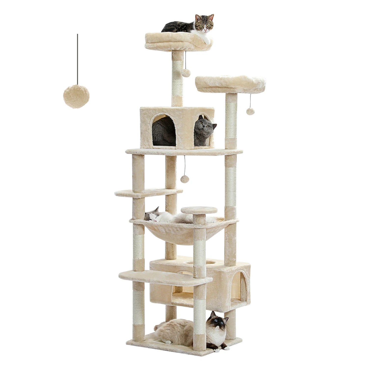 Grand arbre à chat XXL en peluche avec hamac, niches et griffoirs en sisal – Atlas 164 cm