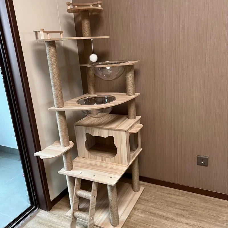 Arbre à chat en bois naturel avec dômes transparents et niche – Skyline Tower