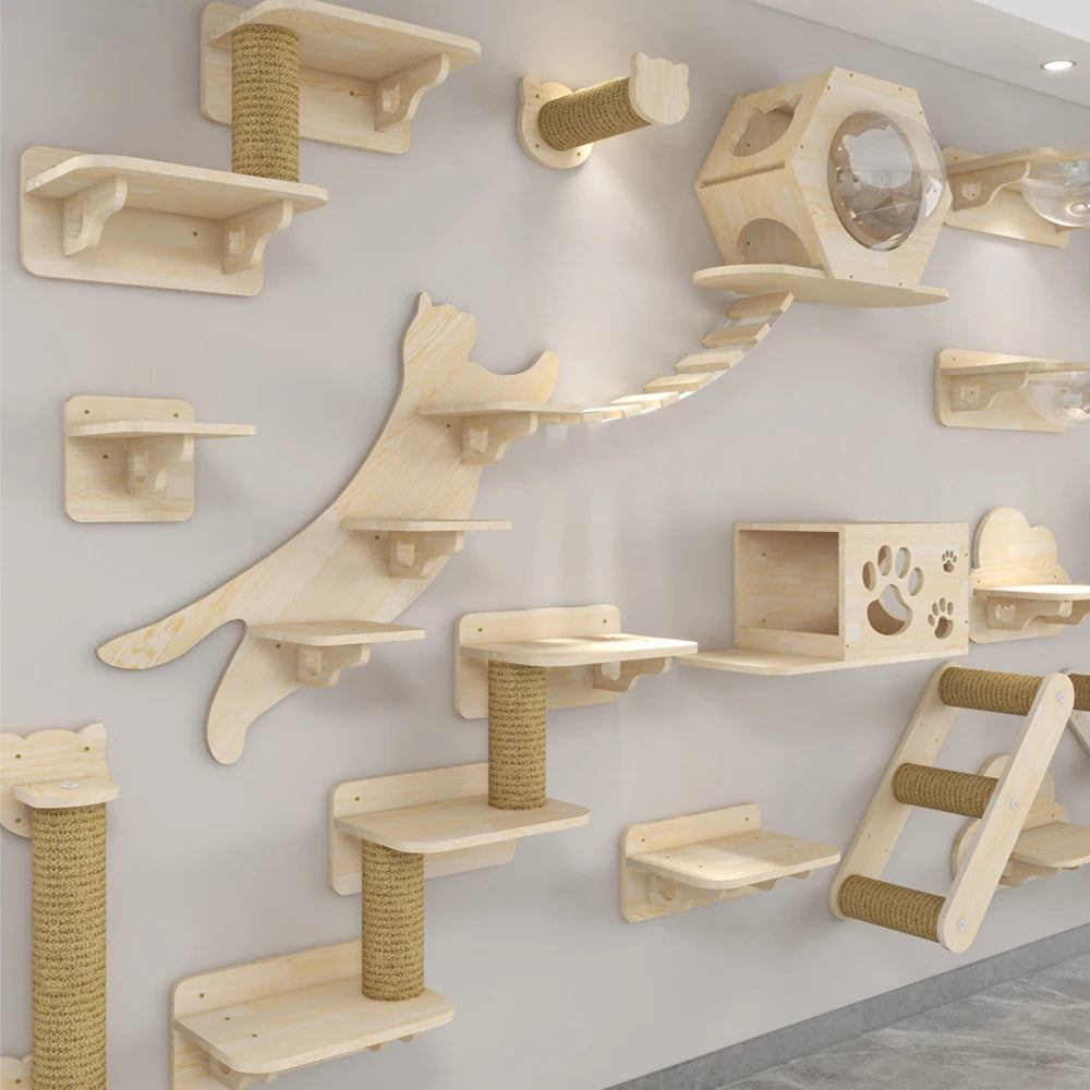 Hamac mural pour chat en bois et toile rayée – couchage suspendu design