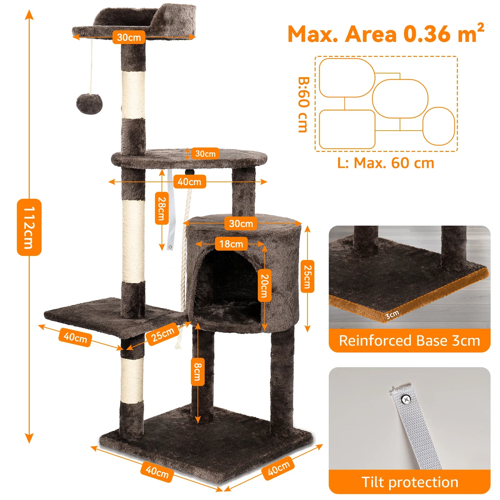 Arbre à chat 112 cm avec niche, griffoirs et plateformes – CosyTower