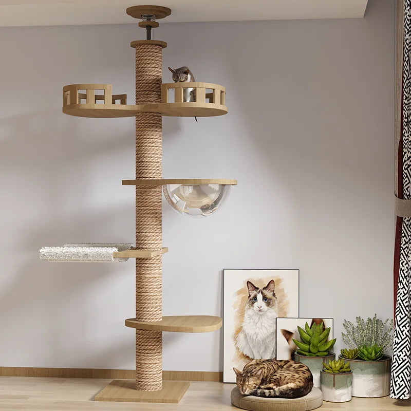 Arbre à chat en bois massif au plafond avec plateformes rotatives et griffoirs en sisal – Tianzhu