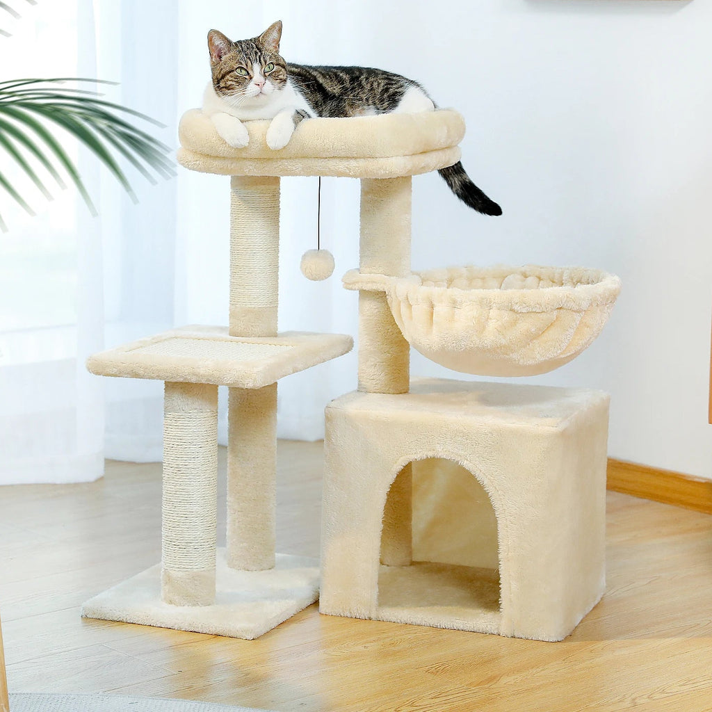 Arbre à chat moyen en peluche avec hamac, niche et perchoir – modèle 73 cm