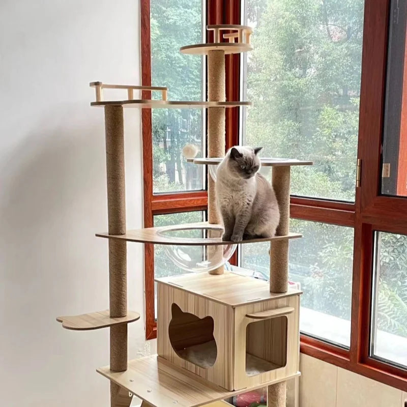 Arbre à chat en bois naturel avec dômes transparents et niche – Skyline Tower