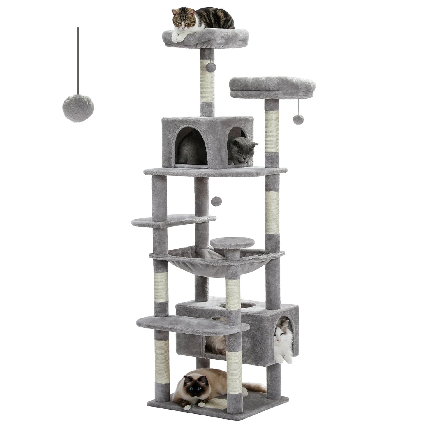 Grand arbre à chat XXL en peluche avec hamac, niches et griffoirs en sisal – Atlas 164 cm