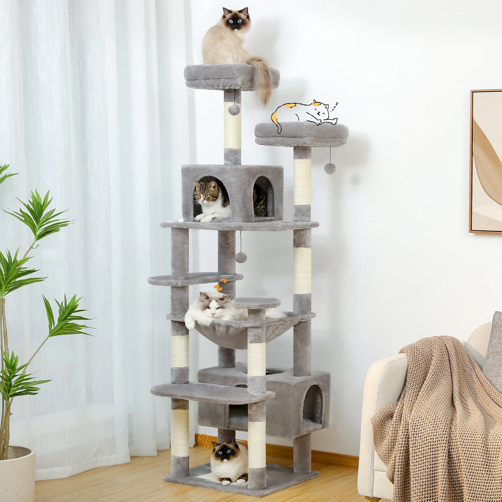 Grand arbre à chat XXL en peluche avec hamac, niches et griffoirs en sisal – Atlas 164 cm