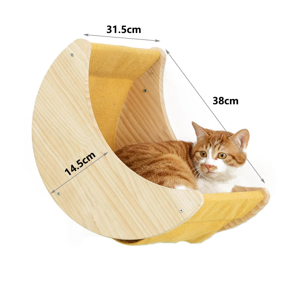 Hamac mural pour chat en bois et tissu – forme demi-lune