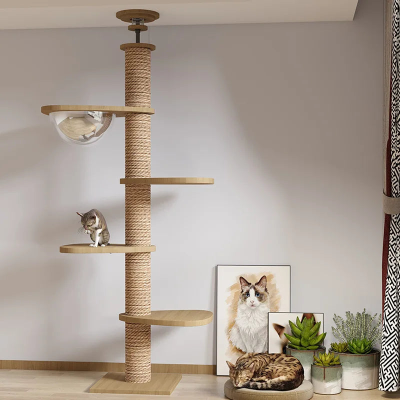 Arbre à chat en bois massif au plafond avec plateformes rotatives et griffoirs en sisal – Tianzhu