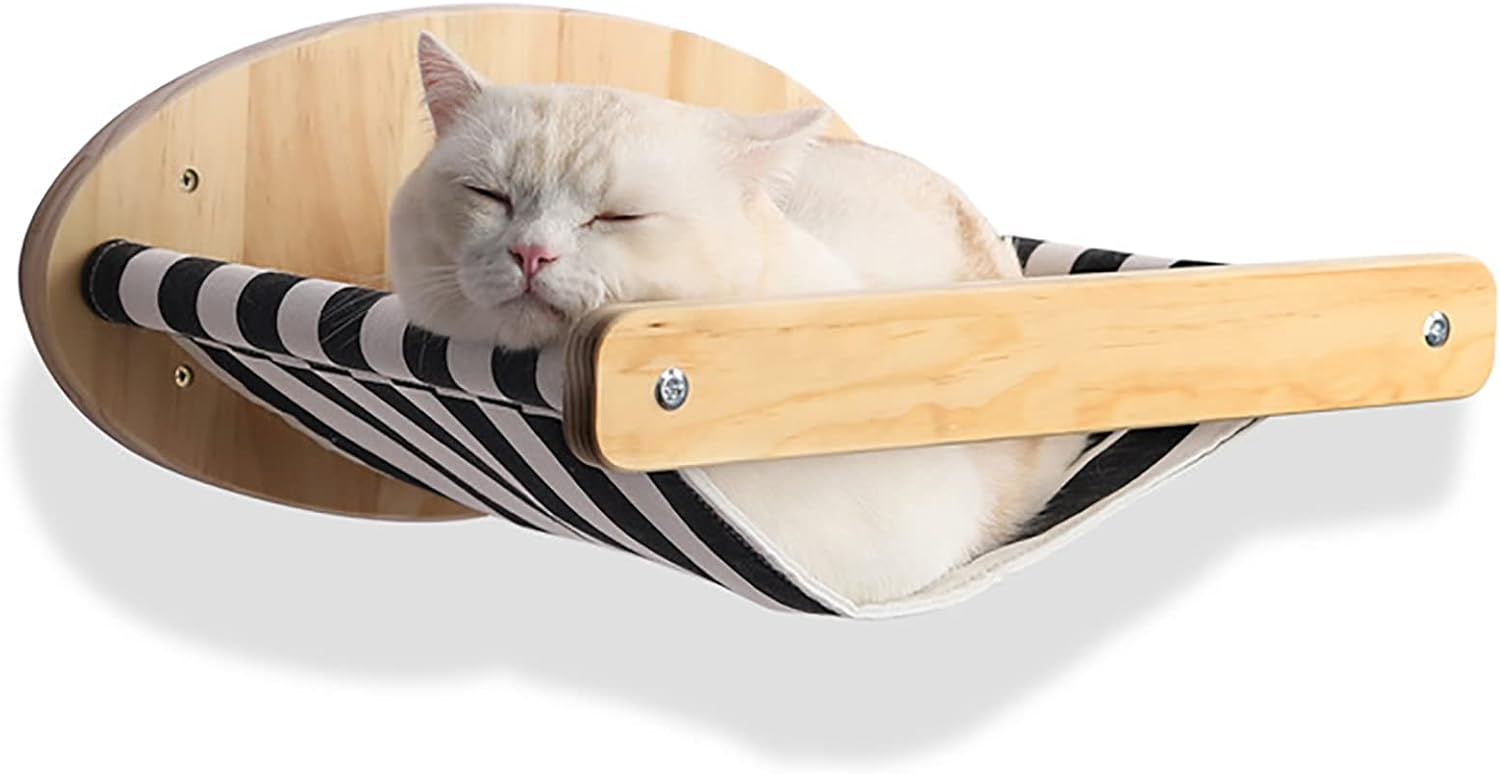 Hamac mural pour chat en bois et toile rayée – couchage suspendu design